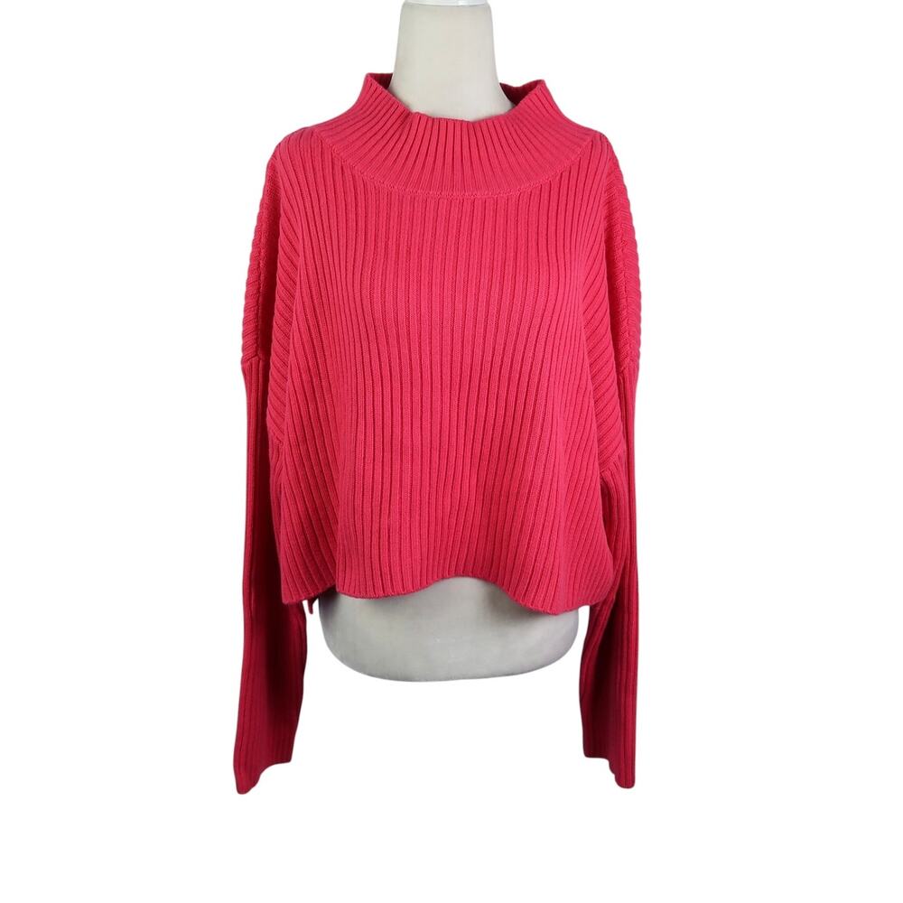 Seraphine Hot Pink Rib Knit Mockneck Crop Sweater Wool Blend NWT